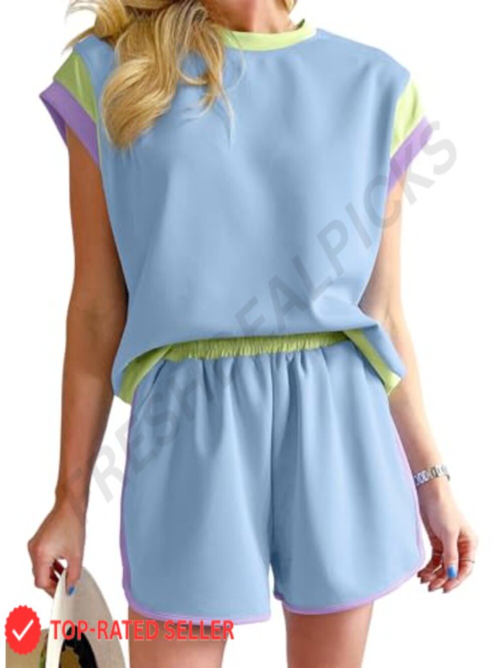 2 Piece Color Block Short Set Tracksuit Lounge Set with Pockets
